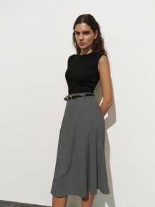 Lumivelle Knit & Woven Patchwork Pleated Dress Dress Summer Dress Clothes For University - Grey - View 6