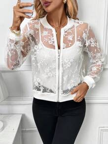 SHEIN Clasi Elegant Floral Embroidery Sheer Mesh Baseball Jacket,Brunch Outfits For Women,Wedding Guest Dress
