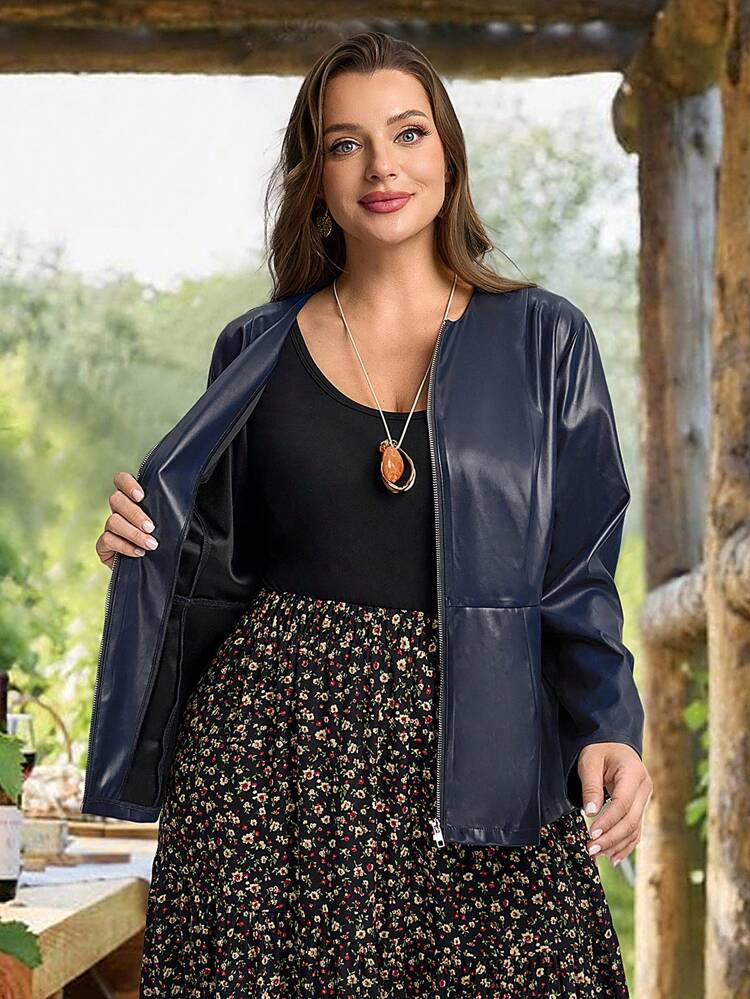 Jaqueta básica casual de uso diário, Plus Size, com zíper frontal e gola redonda, em cor sólida, para outono, inverno, escritório, volta às aulas, professores, vestuário ocidental