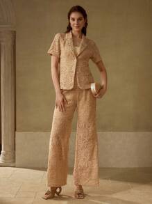 MOTF PREMIUM GUIPURE LACE WIDE LEG SUIT PANTS - Coffee Brown - View 5