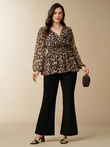 Flouryn Blusa de mujer de talla grande de estilo casual y sexy con cuello en V, mangas largas, cintura entallada y estampado de leopardo en gasa