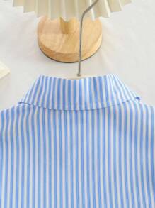 Set da 2 pezzi a righe blu e bianche per ragazze pre-adolescenti, carino outfit scolastico autunnale per il ritorno a scuola, camicia a maniche lunghe con fiocco 3D e gonna, casual per vacanze - Blu - Visualizzare 8