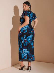 SHEIN BAE 大码女式优雅大号花卉网眼印花紧身 V 领连衣裙，长款，合身，修饰手臂，适合日常、外出、约会、下午茶、度假、春夏季、返校季女士连衣裙优雅女士正式、婚礼宾客礼服 - 藍色 - 查看 2