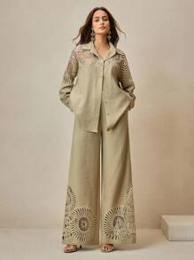 Anewsta 优雅通勤镂空长袖衬衫阔腿裤套装