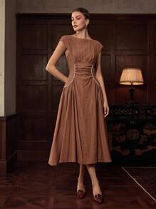 ZEYLAH 女士休闲优雅简约褶饰腰部连衣裙 - 咖啡棕 - 查看 4