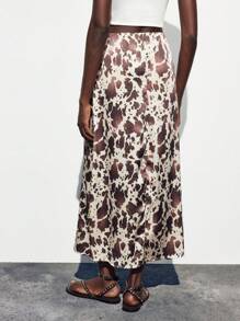 Maija 女士优雅时尚全印花半身裙 动物印花度假服 奶牛印花长裙 - 棕色 - 查看 6