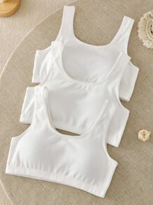 Genkimix Kids 3 Pieces Set Girl's Solid White Casual Simple Cotton Comfortable Soft Padded Bras,Wide Strap Vest,Suitable For Girls Aged 8-12,Back To School Fall Winter - White - View 3