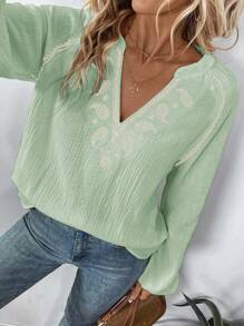 SHEIN LUNE Áo sơ mi trắng dài tay phong cách Bohemian thêu họa tiết Paisley màu tương phản vai trễ - Màu be - Xem 6