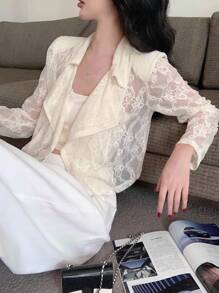 DAZY 女士宽松休闲街头风格撞色蕾丝长袖夹克薄外套，适合春、夏、秋、秋季女装 - 米色 - 查看 5