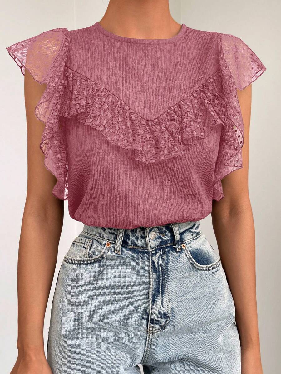 EURMUSE Women's Polka Dot Mesh Panel Ruffle Trim Short Cap Sleeve Fashion Blouse - Dusty Pink - View 1
