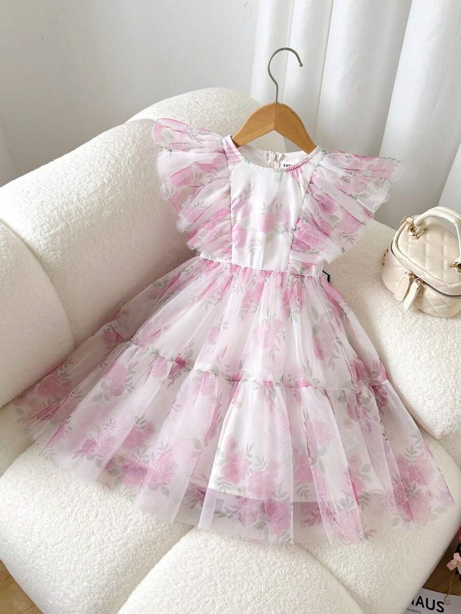 SHEIN 年轻女孩优雅圆领荷叶边下摆花卉印花连衣裙