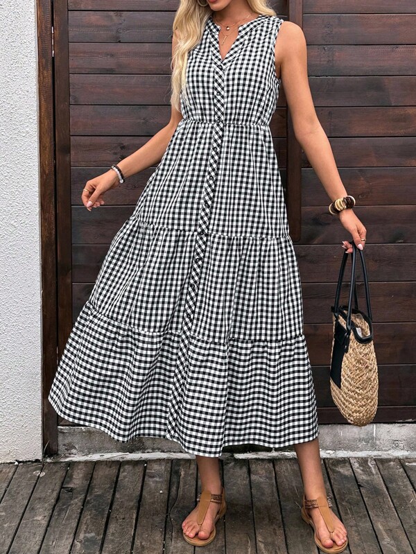 EMERY ROSE Women's Regular V-Neck Sleeveless Midi Dress With Decorative Button Placket,Dresses For Women Elegant,Teacher Outfits For Women,Country Concert Outfit,Office Outfits For Women,Back To School Clothes,Casual Dresses For Woman,Vacation Dress,Airport Outfit For Women,Old Money Style Women