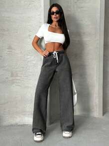 EURMUSE Casual Washed Drawstring Waist Straight Leg Jeans - Dark Grey - View 5