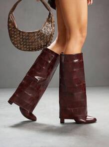 CUCCOO SZL Botas altas hasta la rodilla de tacón alto con estampado de piedra de moda para mujeres - Café integral - Ver 1