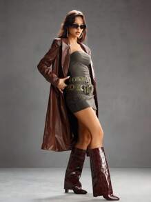 CUCCOO SZL Botas altas hasta la rodilla de tacón alto con estampado de piedra de moda para mujeres - Café integral - Ver 3