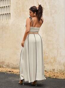 Elaquor 大码度假休闲撞色装饰吊带背心和裙子两件套 - 杏色 - 查看 6