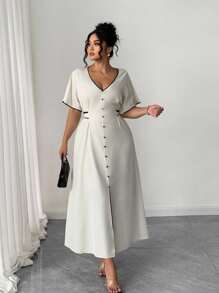 Elenzga Plus Size Women Elegant V-Neck Front Button Cinched Waist Contrast Color Casual Dress