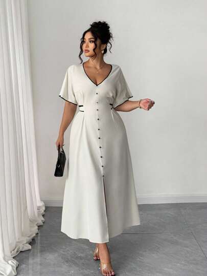 Elenzga Plus Size Women Elegant V-Neck Front Button Cinched Waist Contrast Color Casual Dress