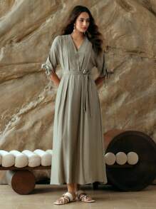 SHEIN LUNE Women's Elegant Summer Olive Green Pleated Waist A-Line Maxi Dress,Holiday Tea Party Vacation Outfits,Old Money Style Modest Office Work Church Dress - Green - View 6