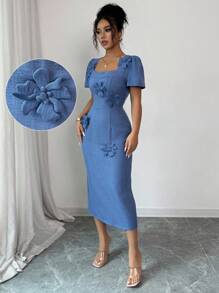Elenzga Women's Solid Color 3D Floral Decor Square Neck Short Sleeve Slim Fit Elegant Mid-Calf Dress - Blue - View 1