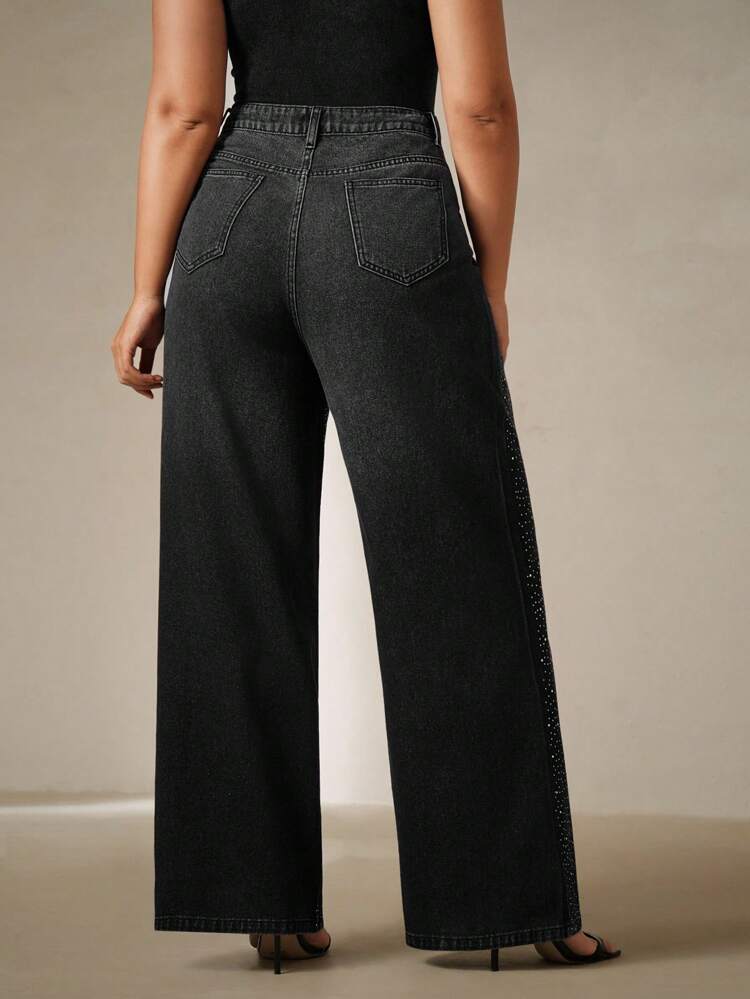 Plus Size Women's Fashion Rhinestone Embellished Wide Leg Jeans