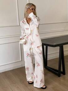 DAZY Set pijamale pentru femei, cu imprimeu floral pe toată suprafața, din dantelă, cu buzunare, stil cămașă, top și pantaloni, haine de toamnă