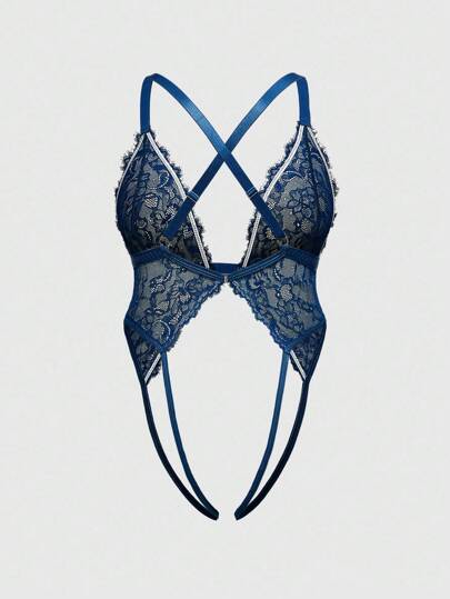Plus Size Lace Eyelash Trim Criss-Cross Backless Sexy Lingerie Bodysuit