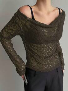 DAZY Blusa corta ajustada de hombros oblicuos de encaje transparente para mujer, color blanco, para primavera/verano de manga larga, ropa de mujer para otoño