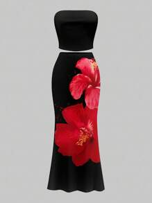 Slaydiva Conjunto de top tubo cropped casual de tipo bodycón y falda maxi tipo sirena bodycón con estampado floral, adecuado para salidas de verano