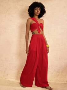 Zivah 新款春夏休闲优雅度假单肩胸前打结吊带设计后背短款上衣+阔腿超长裤白色梭织女两件套-A - 紅色 - 查看 5