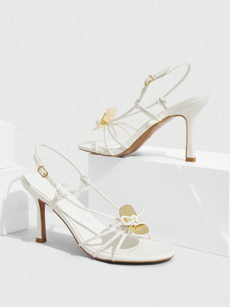 CUCCOO SZL Women White PU Metal Buckle Decor Thin Strap Fashion Sexy Party Round Toe High Heel Sandals