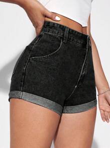 SHEIN ICON 夏季休闲高腰水洗牛仔短裤 - 黑色 - 查看 3