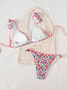 Swim Mod Women's Minimalist Triangle Bikini Set With Floral Beach Print For Summer Beach Vacation - Multicolor - View 2