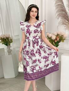 少女优雅假日夏季印花领口荷叶袖收腰宽松连衣裙，休闲吊带裙 - 紫色 - 查看 3