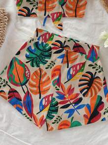 Soleia 2 件女士热带植物印花前扭纹抹胸上衣和短裤夏季度假套装