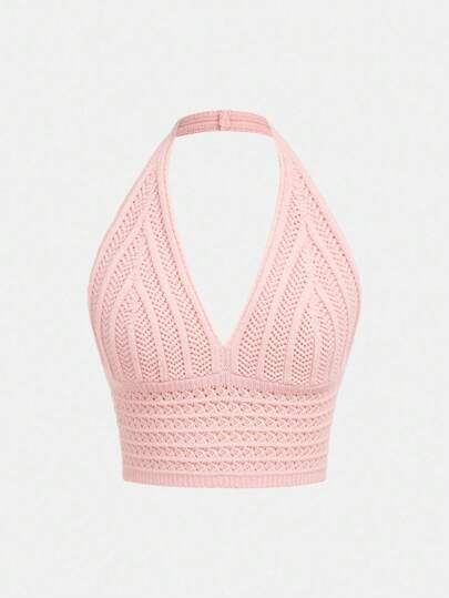 SHEIN Girlism Áo len chui đầu không tay cổ chữ V họa tiết Intarsia màu hồng cho bé gái tuổi teen