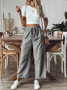 LanaWest 女士條紋直筒休閒長褲，適用於日常穿著