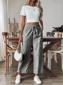 LanaWest 女士條紋直筒休閒長褲，適用於日常穿著