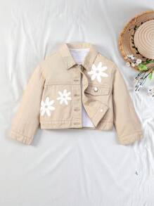 SHEIN Vintaside Kids Young Girl Floral Print Flap Detail Denim Jacket Without Tee,Holiday,Summer,Travel - Khaki - View 6