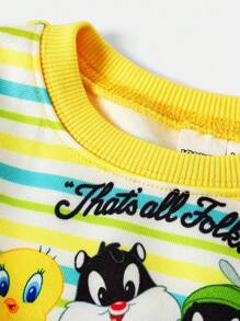 LOONEY TUNES X SHEIN 男婴两件套：彩色条纹卡通动物印花圆领长袖运动衫和裤子，秋冬 - 黃色 - 查看 3