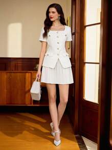 Vintamour Vintage Retro Elegant Women Metal Button Decor Square Collar Short Sleeve Casual Blazer Work Vacation Summers For Women Vacations Woman Business Casual Woman Going Out Tops Women Vacations Women Country Concert Birthdays For Women Offices For Women School Clothes Teachers For Women Whites For Women Button Up Shirt Women Churchs Women Fall Festivals For Women