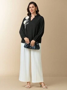 Flouryn Áo cánh thanh lịch thêu hoa 3D màu đen cỡ lớn cho nữ - màu đen - Xem 4