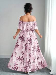 Elenzga 2025 夏季新款大码女装时尚花卉印花露肩荷叶边露肩收腰修身长裙，适合度假、约会、日常通勤、旅行