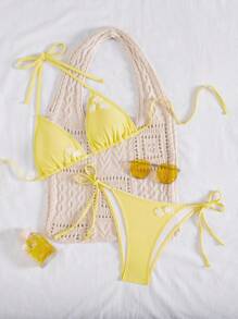 Bonvoyette Yellow Triangle Floral Trim Elegant Women Bikini Set For Summer Beach Vacation