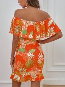 Selianne Plants Print Off Shoulder Ruffle Trim Ruched Bodycon Dress Vacation Beach Outfits Women - Orange - View 2