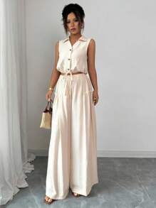 SHEIN PETITE 1 Set Women's Casual/Commuting Textured Apricot Collared Sleeveless Belted Shirt + Women's Casual/Commuting Textured Apricot Ruffled Faux Pocket Wide-Leg Pants, Spring/Summer