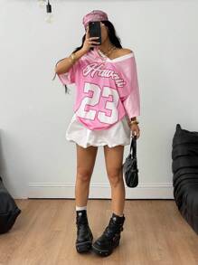 Coolane Women's Spring/Summer Festival Going Out Streetwear Vintage Breathable Mesh Number Pattern Graphics Baseball Jersey Red Jersey - Pink - View 4