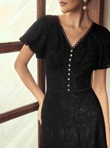 ZEYLAH Thời trang thanh lịch cho phụ nữ dài ren váy với eo định nghĩa - màu đen - Xem 2