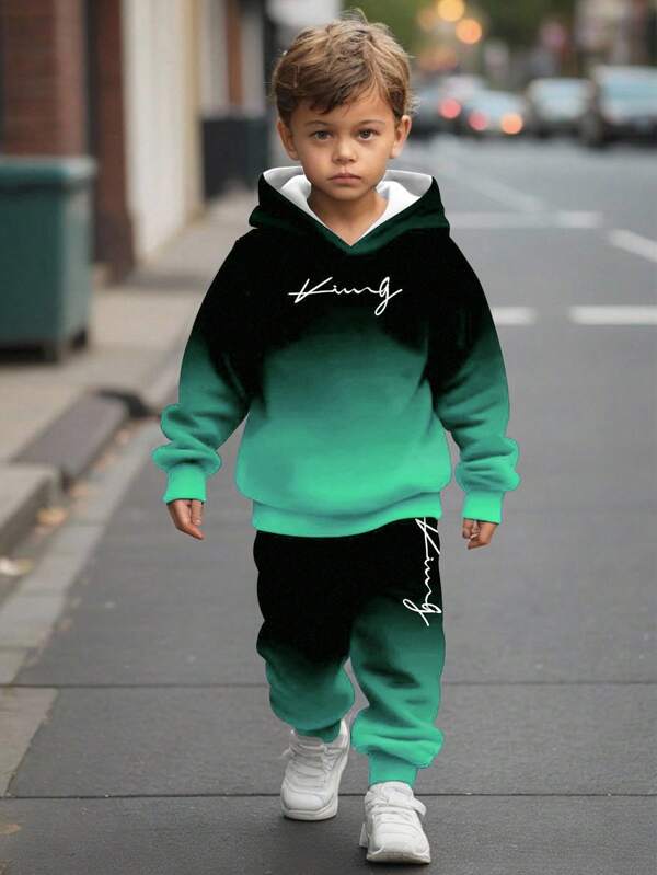 SHEIN 2pcs Boys Loose Casual Comfortable Long Sleeve Hoodie Set, Suitable For Autumn/Winter Boys Sweatsuit Kids Sweatsuit Boys Boy Sweat Suit Toddler Boy Sweatsuit Boys Ombre Sweatsuit