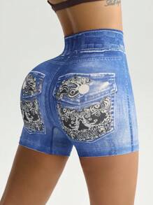 Easithlete 女士花卉印花无缝高弹力运动健身短裤、骑行短裤 - 藍色 - 查看 7